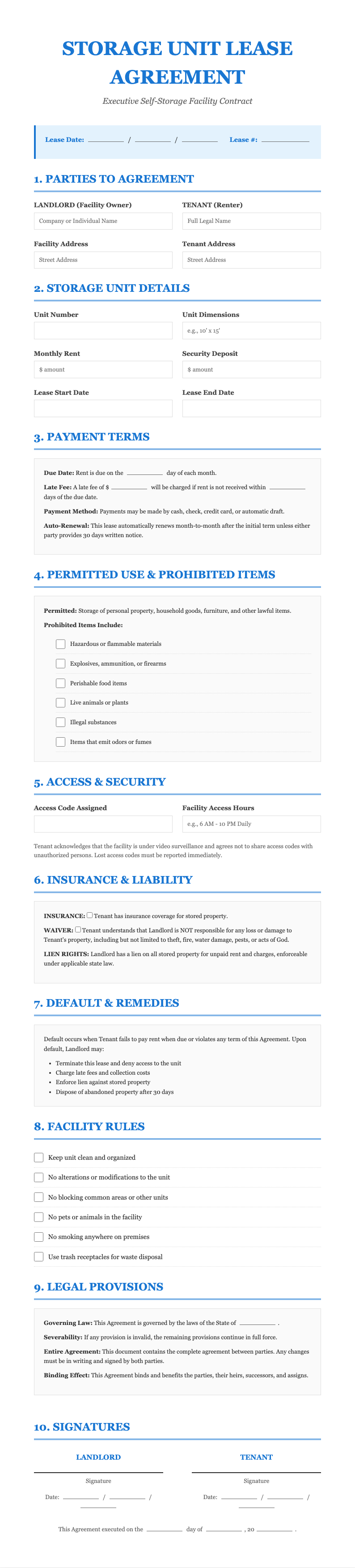 Executive summary storage unit lease agreement